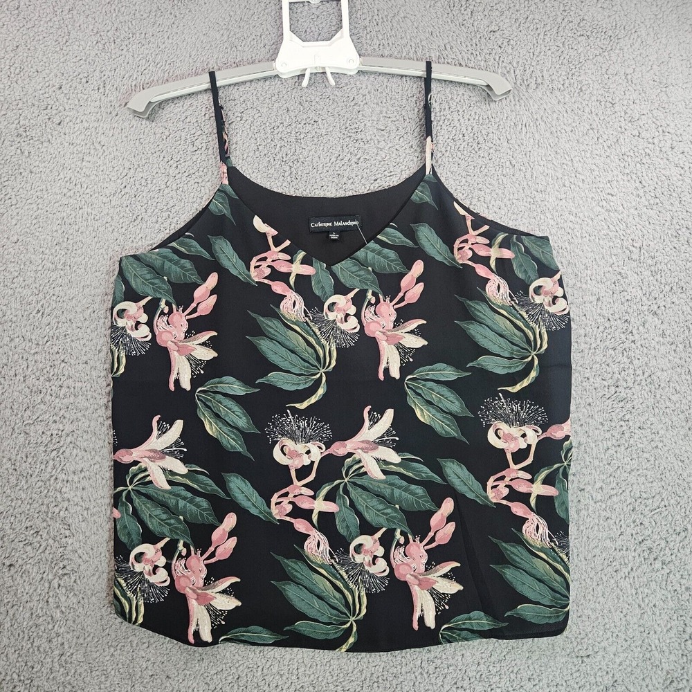 NEW Catherine Malandrino Tank Top Womens Large Floral Print Sheer Lined Black -L
